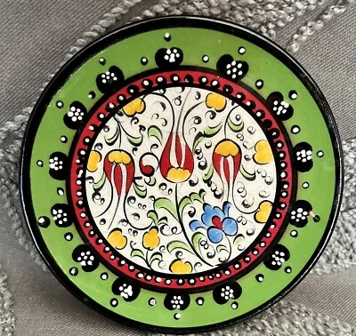 "Plato de cerámica turca de 4"" firmado Gogtar 2002 hecho a mano verde negro borde abstracto" Foto 1 de 4