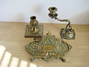 THREE PIECES VICTORIAN ORNATE BRASS, INK WELL (WILLIAM TONKS) + TWO CANDLESTICKS - Picture 1 of 13