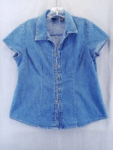 ALC shirt Women large Blue denim At Last Classics hook fasteners Cap Sleeves - Picture 1 of 16