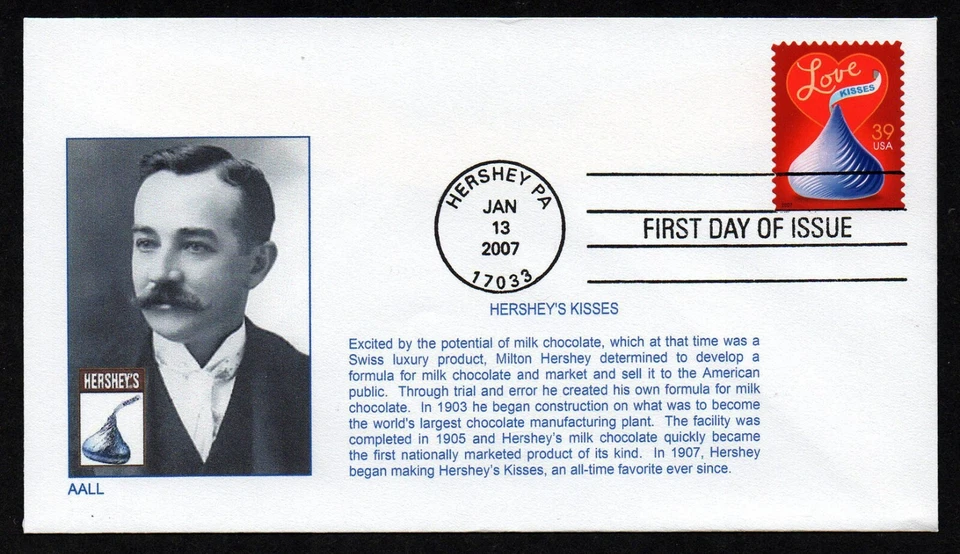 USA, SCOTT # 4122, AALL FDC COVER - LOVE & KISSES CHOCOLATE, MILTON HERSHEY 2007 - Image 1 of 1