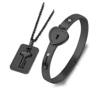 Titanium Steel Lock Bangle Bracelet with Key Pendant Necklace for Couples - Picture 1 of 7