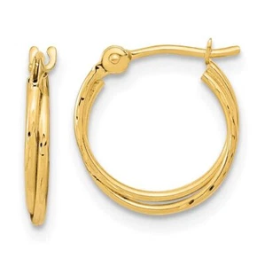 14K Solid Yellow Gold Double Round Huggie Small Hoop Earrings - Picture 1 of 5