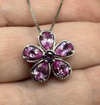 "Collar colgante de flores de plata de ley rosa púrpura circonita cúbica piedras cadena de 18"" delicado" Foto 1 de 4