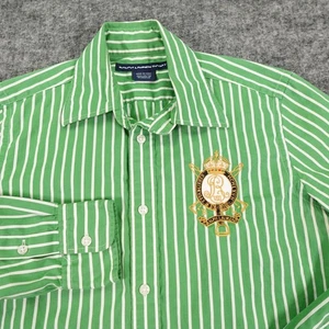 Ralph Lauren Sport Shirt Womens 8 Green White Stripe Long Sleeve Crest Logo - Picture 1 of 13