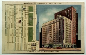 Vintage Chicago Harrison Hotel Leinen Postkarte mit Stadtplan 1930er-40er - Bild 1 von 2