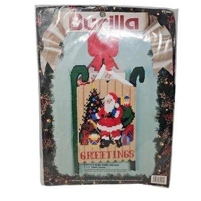 Vintage Bucilla Santa's Sled Christmas Card Holder Needlepoint Yarn Craft  - Image 1 of 2
