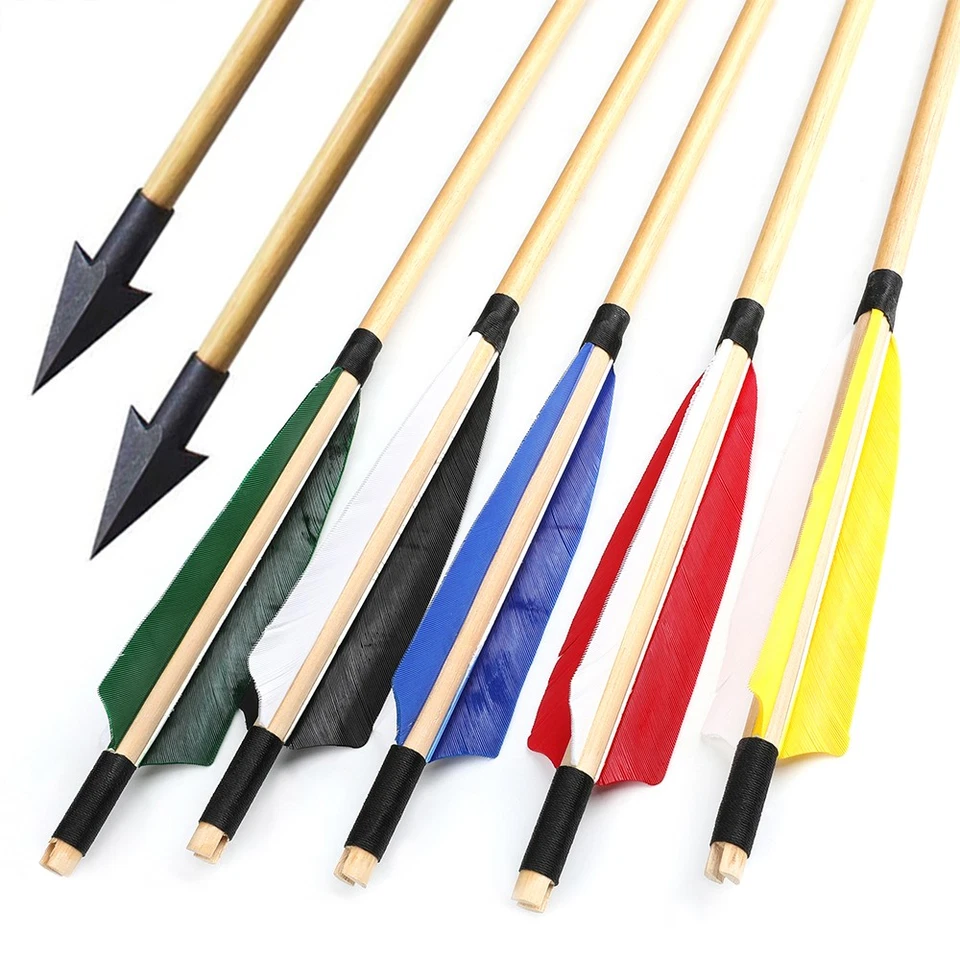 32" Archery Wooden Arrows Hunting Arrowheads 5" Feather Recurve Bow Longbow - Image 1 of 4