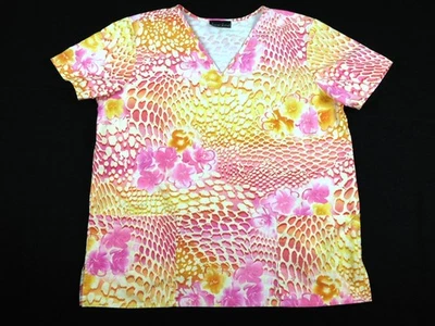 Cherokee Floral Snakeskin Scrub Top Nursing Medical Pink Yellow Large L - Image 1 of 4