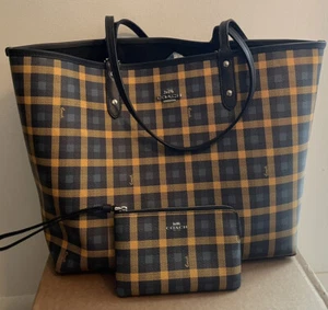 Coach große Wende-Einkaufstasche Tartan/schwarz Canvas UND Handgelenktasche (ALS SET VERKAUFT) - Bild 1 von 24