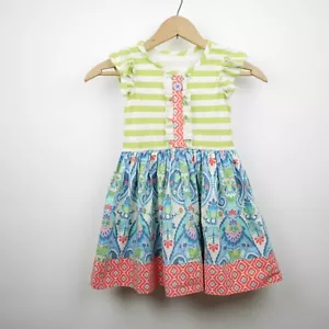 ELEANOR ROSE Girls 4-5 Green striped & blue floral stretch dress flutter sleeve - Picture 1 of 10