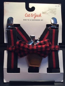 Cat & Jack Boys Bow Tie and Suspender Set Red/Black Plaid - NEW - Picture 1 of 2