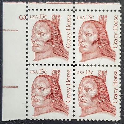 US STAMPS 1982 CRAZY HORSE PLATE BLOCK OF 4, 13C STAMPS, SC #1855, F/XF MNH, OG - Image 1 of 2