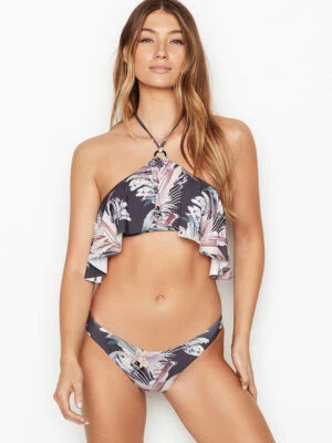 NWT BCBGMAXAZRIA Sz4 HIGH NECK RUFFLE HALTER TOP & BOOTOM BIKINI SET GRAPHITE - Image 1 of 4