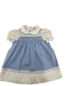 Polly Flinders Vintage Toddler Dress Floral Blue Smocked Lace Collar Size 3T - Picture 1 of 7