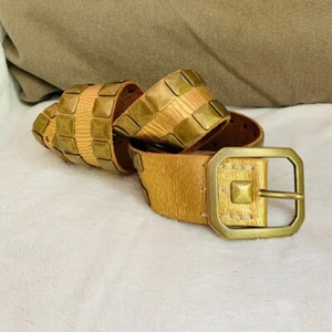Linea Pelle Women's Belt NWOT Gold Metallic Leather Brushed Brass Buckle Sz XL - Picture 1 of 7