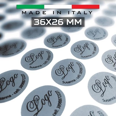 50 ETICHETTE ADESIVE PERSONALIZZATE BOLLINI CHIUDI BUSTA ARGENTATE 36X26 MM - Image 1 of 3