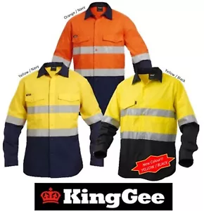 KING GEE "WORKCOOL 2 RIPSTOP" LONG SLEEVE HI-VIS WORK SHIRT +HOOP TAPE - K54880 - Picture 1 of 8