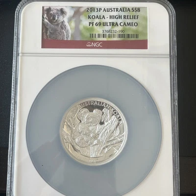 Moneda caja ultra camafeo 1451 2013-P Australia S$8 plata koala alto relieve NGC PF69 Foto 1 de 4