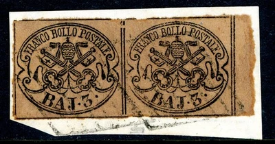Italy 1852 Romans States 3 Baj Black on Brown Scott #4 PAIR VFU O191 - Image 1 of 4