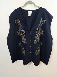 Vintage Koret Damen blau Blumen bestickt Knopfleiste Pullover Weste 100 % Wolle Gr. 2X - Bild 1 von 5