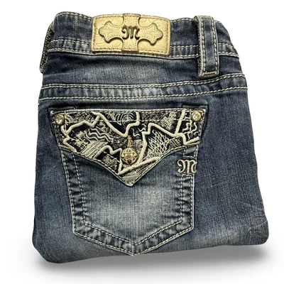 Pantalones de mezclilla Miss Me para mujer 33 azul tiro medio bota boho bordados bolsillos Y2K Foto 1 de 4