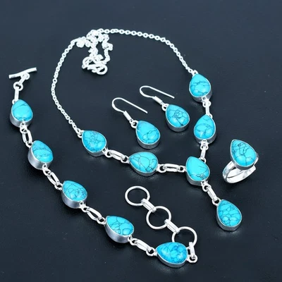 Juego de joyas de plata de ley 925 regalo piedras preciosas pera turquesa de Santa Rosa VJ 1044 Foto 1 de 4