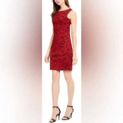 Calvin Klein Size 2 Petite Sleeveless Red & Black Print Ruched To The Side Dress - Image 1 of 4