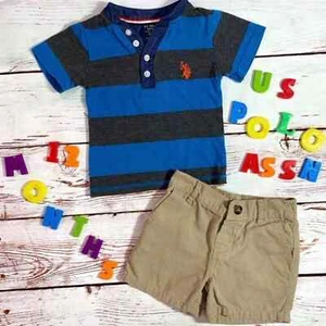 U.S. Polo Assn. Gestreiftes T-Shirt & khakifarbene Shorts 2-teiliges Outfit-Paket - Größe 12M - Bild 1 von 11