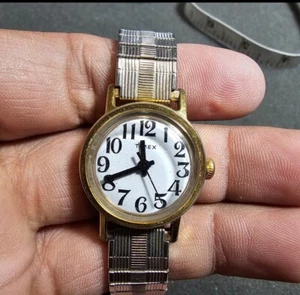 Vintage Timex Ladies Mechanical Watch Gold Tone White Dial Working Stretch Band - Picture 1 of 9