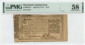 1774 April 10 $1/6 Maryland Colonial Note MD-61 PMG AU58 - Picture 1 of 2