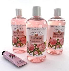Crabtree Evelyn Bath Shower Gel x 3 Rosewater 16.9 oz each + BONUS Hand Cream  - Picture 1 of 1