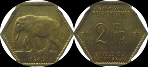1943 BELGIAN CONGO 2 FRANCS, KM#25 ELEPHANT NGC MS62 - Picture 1 of 2