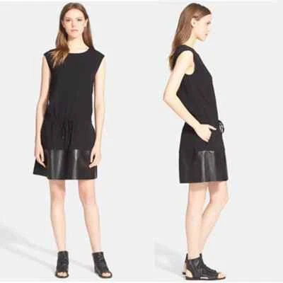 Vince Sleeveless Drawstring Waist Mini Dress Contrast Leather Black Size: XXS - image 1 of 4