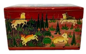VTG Russian USSR Lacquered Playing Card Storage Box 3 Deck Hand Painted Animals - Picture 1 of 8