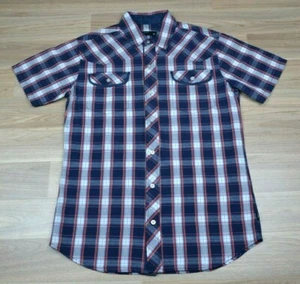 ST GOLIATH Mens Navy & Red Check Plaid Short Sleeve Dress Casual Shirt - Size S - Picture 1 of 6