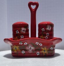 Red Ceramic Salt & Pepper Shaker On A Basket Holder With Heart Handle Floral