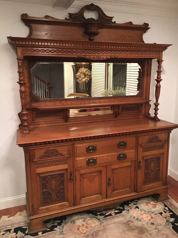 Impressive Oak Sideboard Buffet with Two Beveled Glass Mirrors Cover