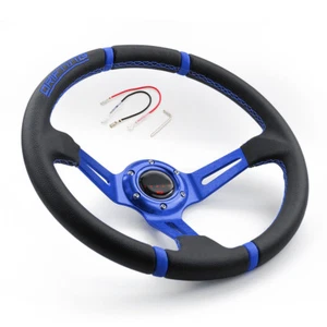 BLUE 350mm Deep Dish Real Leather Racing Drifting Off Road Sport Steering Wheel - Picture 1 of 9