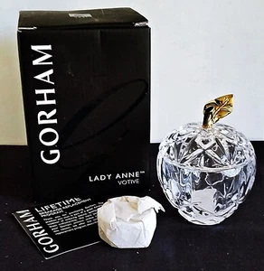 2 NEW in BOX GORHAM Crystal LADY ANNE APPLE w/GOLDEN LEAF Votive Candle Holder - Picture 1 of 6