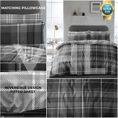 GAVENO CAVAILIA 4 Piece Complete Bedding Set Check Duvet Cover With Fitted Bed Sheet Pillow Case