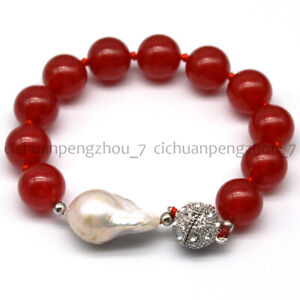 14mm Red Ruby Round Gem Beads & 13x18mm White Keshi Baroque Pearl Bracelet 7.5''