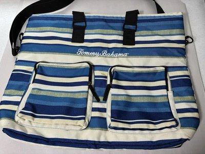 Tommy Bahama Large insulated tote Bag Blue/white Striped Canvas Beach Picnic - Image 1 of 4