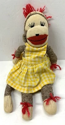 Vestido a Cuadros Amarillo Muñeca Niña Peluche Mono Calcetín Hecho a Mano Vintage 14 pulgadas Foto 1 de 4