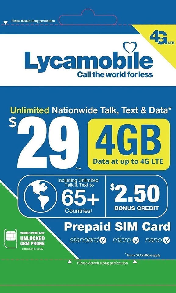 Lycamobile Preloaded 29$ Plan Triple Cut SIM Card