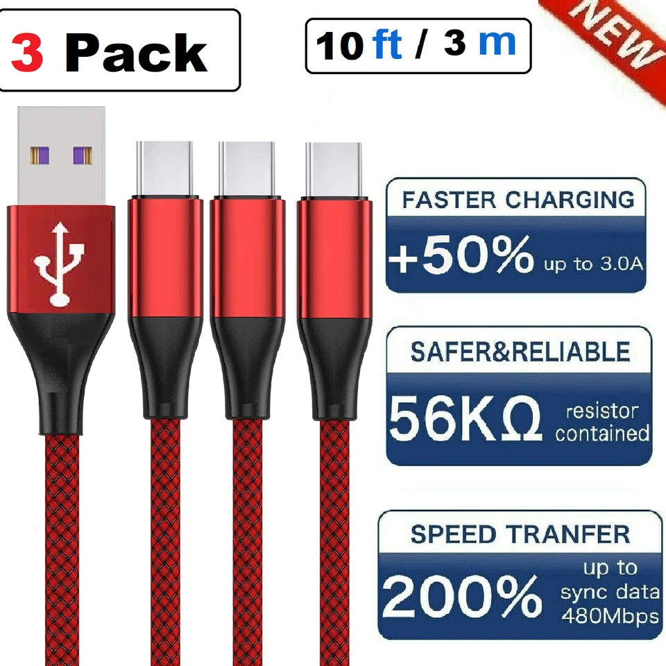 Paquete de 3 cables de carga rápida trenzados USB C tipo C SYNC de datos de 3/6/10 pies Foto 1 de 4