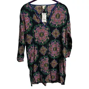 J.Crew Tunic S Petite Mandala 3/4 Sleeve Pullover V-neck Floral Top Swim Cover - Picture 1 of 5