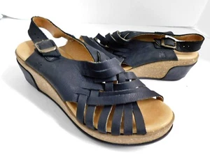 El Naturalista 5018 Black Leather Leaves Open Cork Wedge Sandals sz 38 - Picture 1 of 7