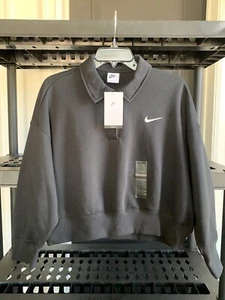 NEW Nike Women's Sportswear Phoenix Fleece 3/4-Sleeve Crop Polo Sweatshirt-Black - Picture 1 of 9