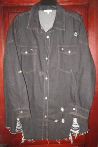White Birch Plus Sz 2X Button Shirt Tunic Top Blouse Denim Jean Distressed Black - Picture 1 of 4