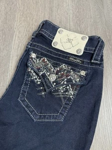 Miss Me Jeans Womens 30x31 (Tag 27) Easy Skinny Mid Rise Biker Rhinestone Dark - Picture 1 of 14